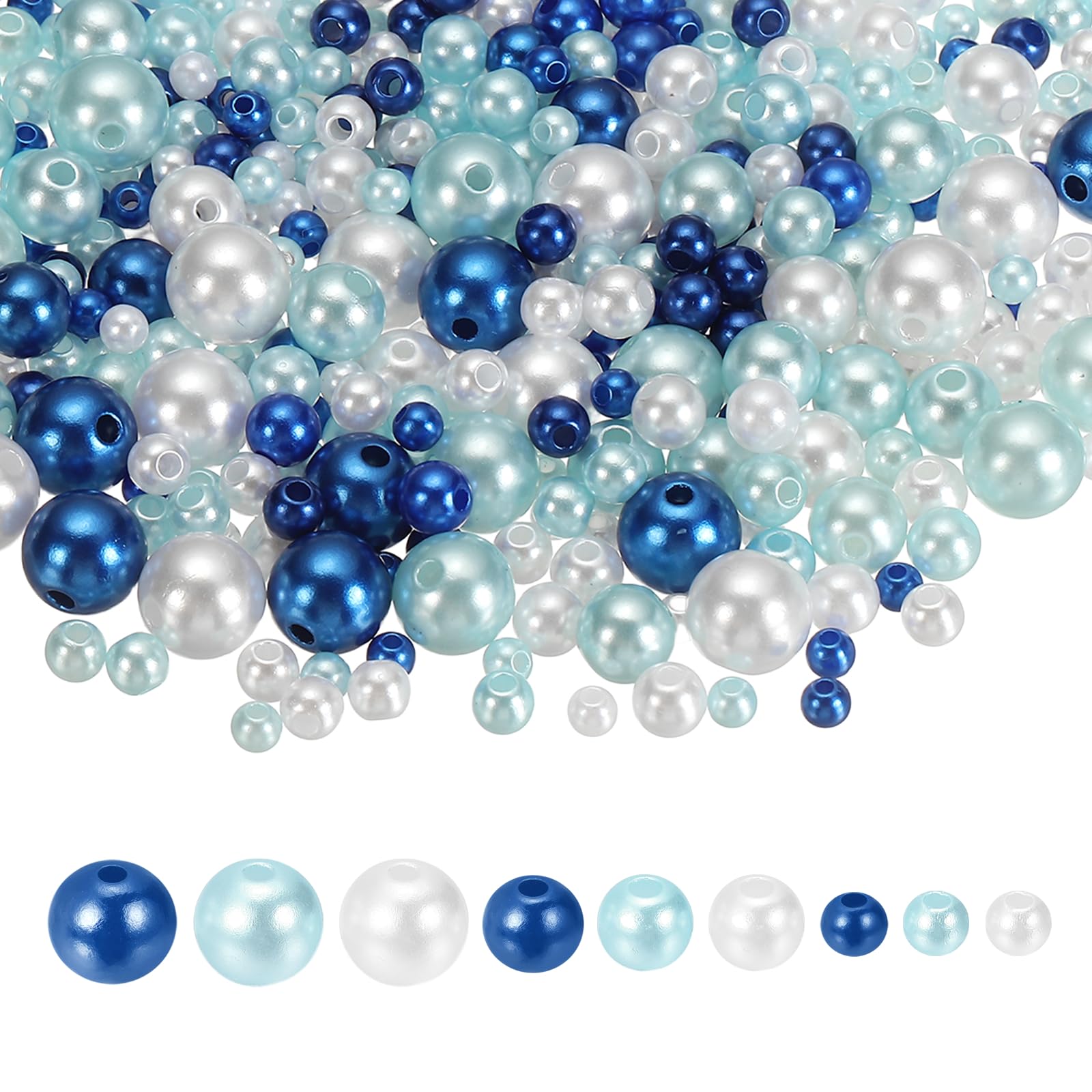 sourcing map 1064PCS Pearl Beads for Jewelry Making, 4/5/6/8/10mm Small Round Pearl Beads with Holes for Craft Bracelet Necklaces Vase Filler, Blue Colors