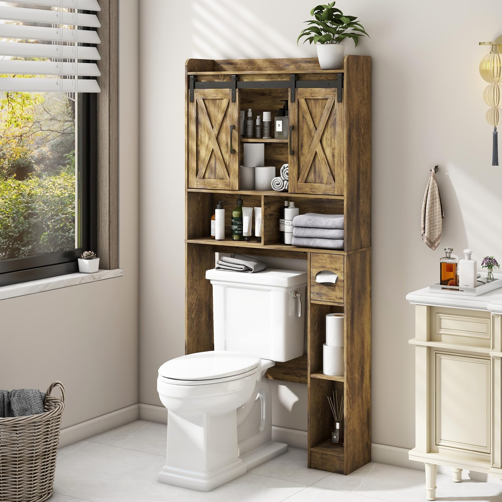 Armadietto portaoggetti sopra il WC, con 2 porte e supporto per carta igienica, salvaspazio, per bagno, bagno, lavanderia