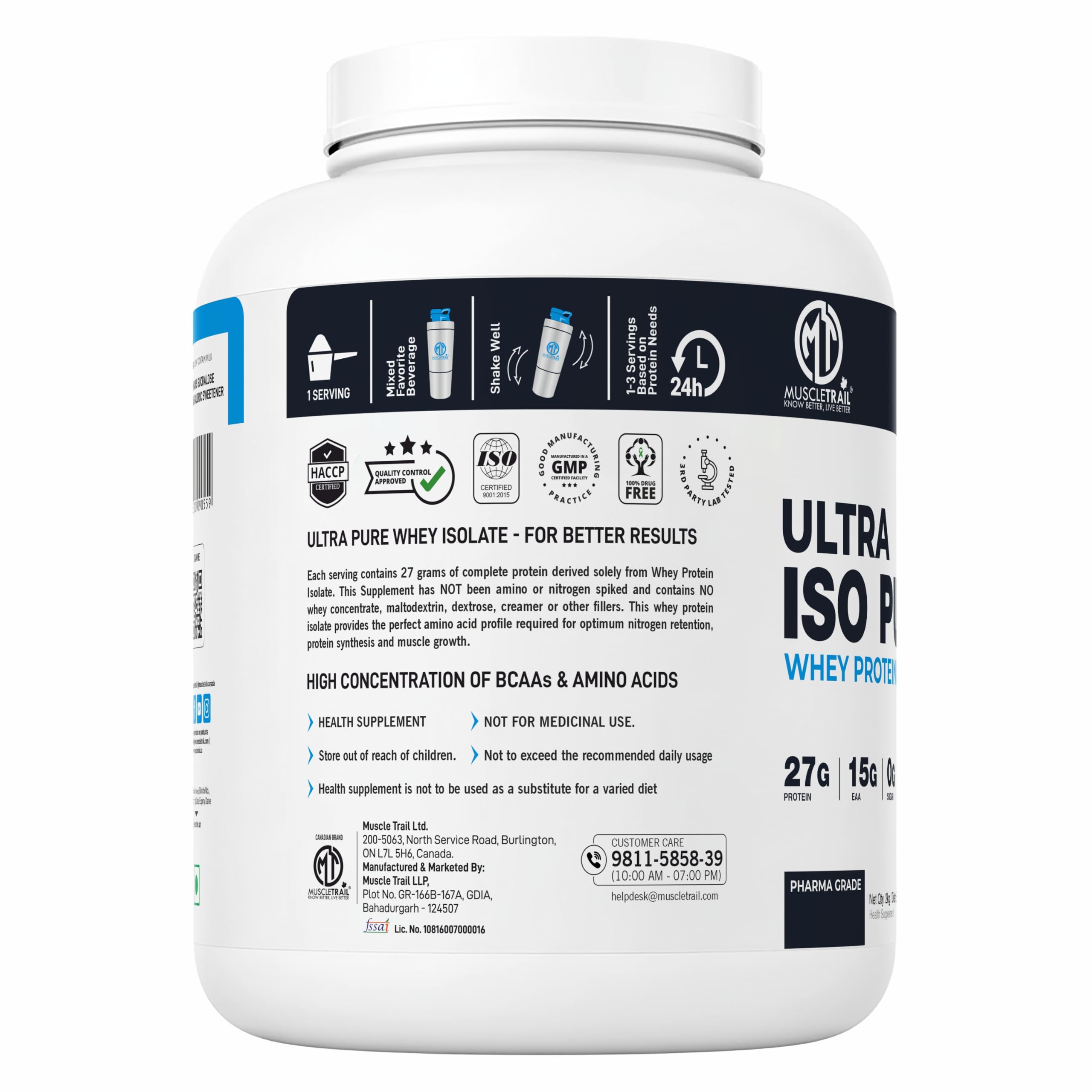 MuscleTrail 100% Whey Protein Isolate, Pharma Grade,65 Servings, 27g Protein, 15g EAA, 0g Sugar (2KG, kesar kaju pista) — Amazon image 3