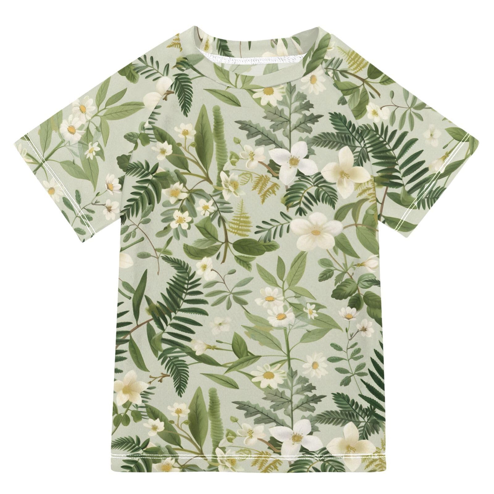 ALAZA Boys Swim Shirts Toddler Rash Guard Short Sleeve Rashguard Green Plant Flowers UPF 50+ 11-12T
