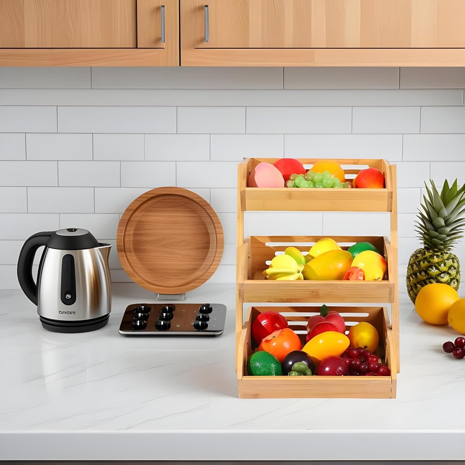 Fizepgo 3段フルーツボウル,3段木製大型果物スタンド | キッチン収納・省スペース・アウトドアサーブに最適