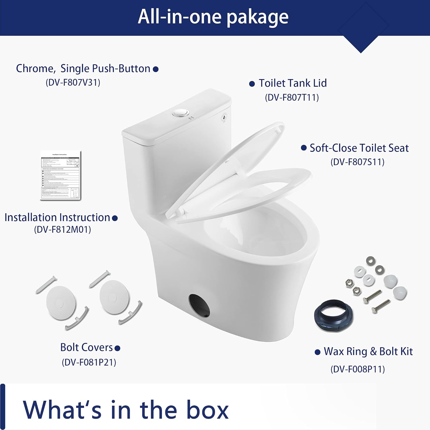 DeerValley DV-1F52807 Compact Elongated Modern One Piece Toilet With Soft Close Toilet Seat Ceramic Glossy White Toilets Single Flush for Small Bathroom Space - - 