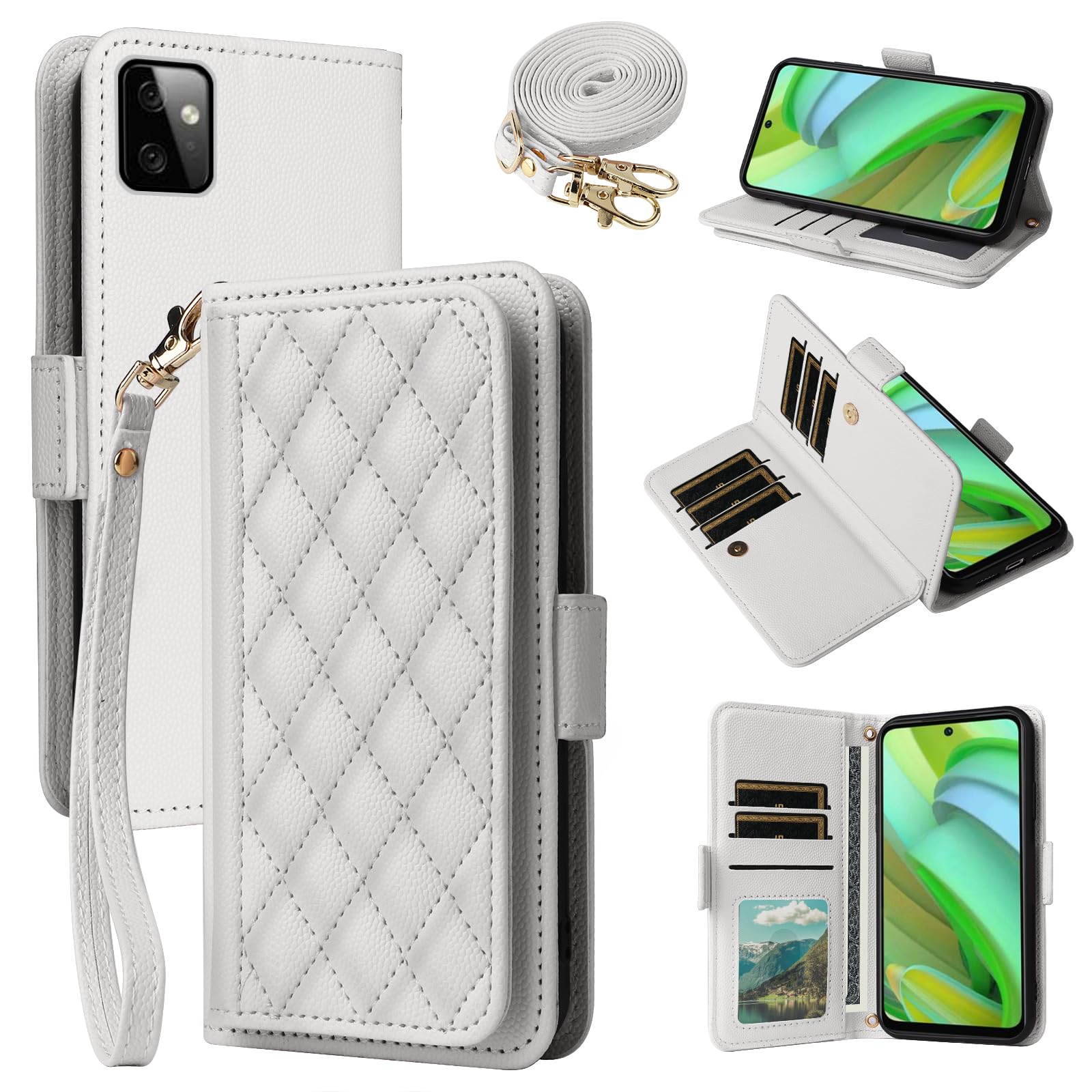 for Moto G Power 5G 2023 Argyle Wallet Case with Wrist Shoulder Strap White