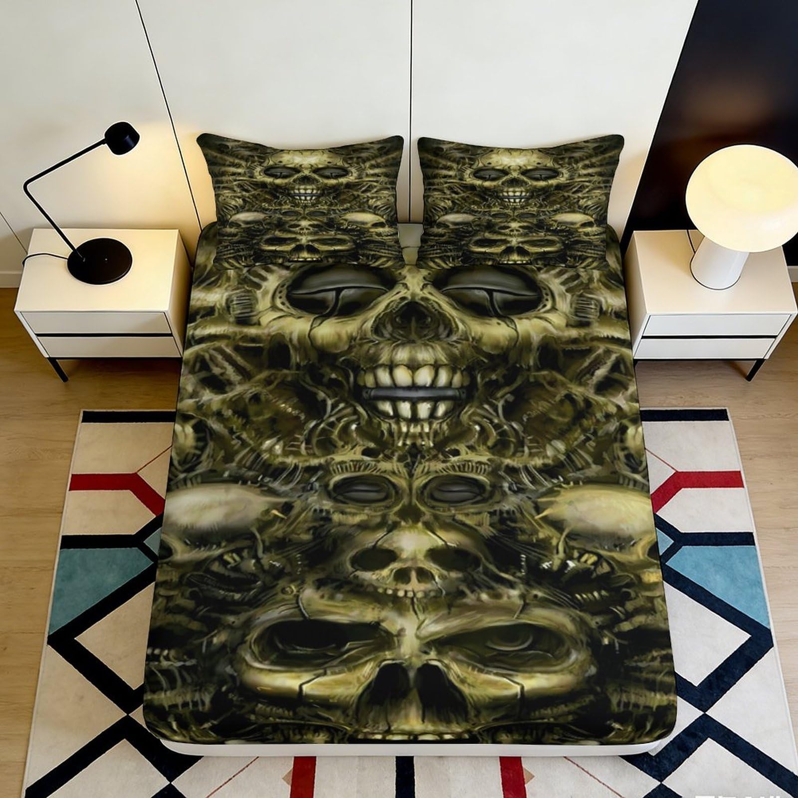 3D Printed Gothic Skull Fitted Sheet Microfiber Black Horror Skeleton Mattress Cover for Bedroom Dorm Decor 90x200x25cm