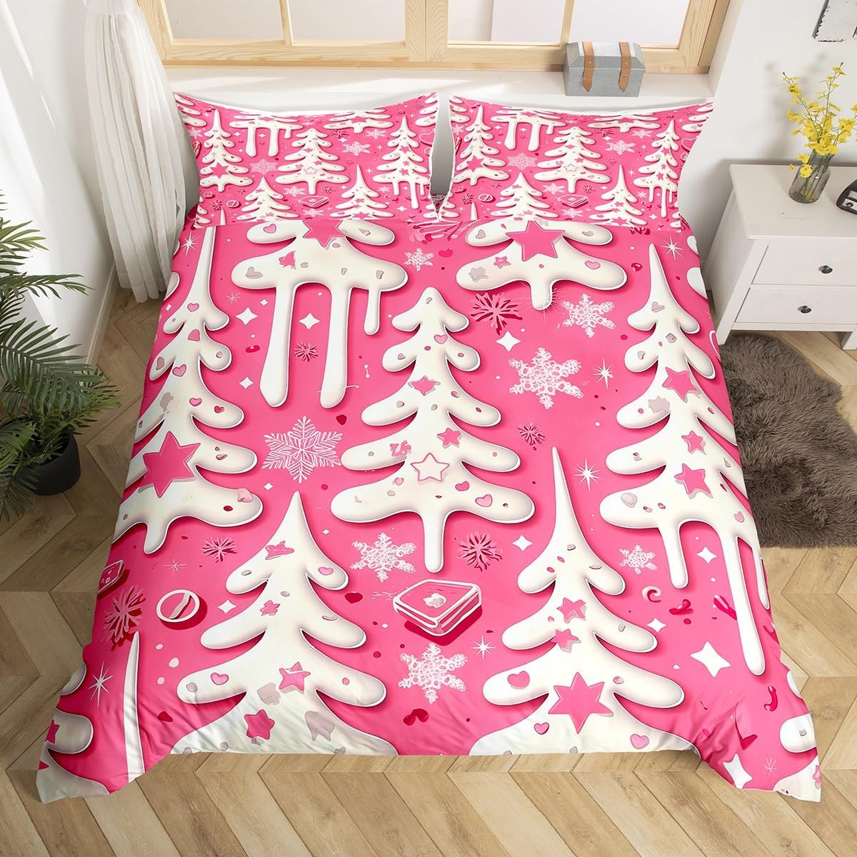 Manfei Christmas Pine Trees Duvet Cover Set Queen Size,3D Pink White New Year Xmas Gifts Bedding Set,Romantic Love Hearts Winter Snowflake Comforter Cover(No Filler) for Young,3 Pcs