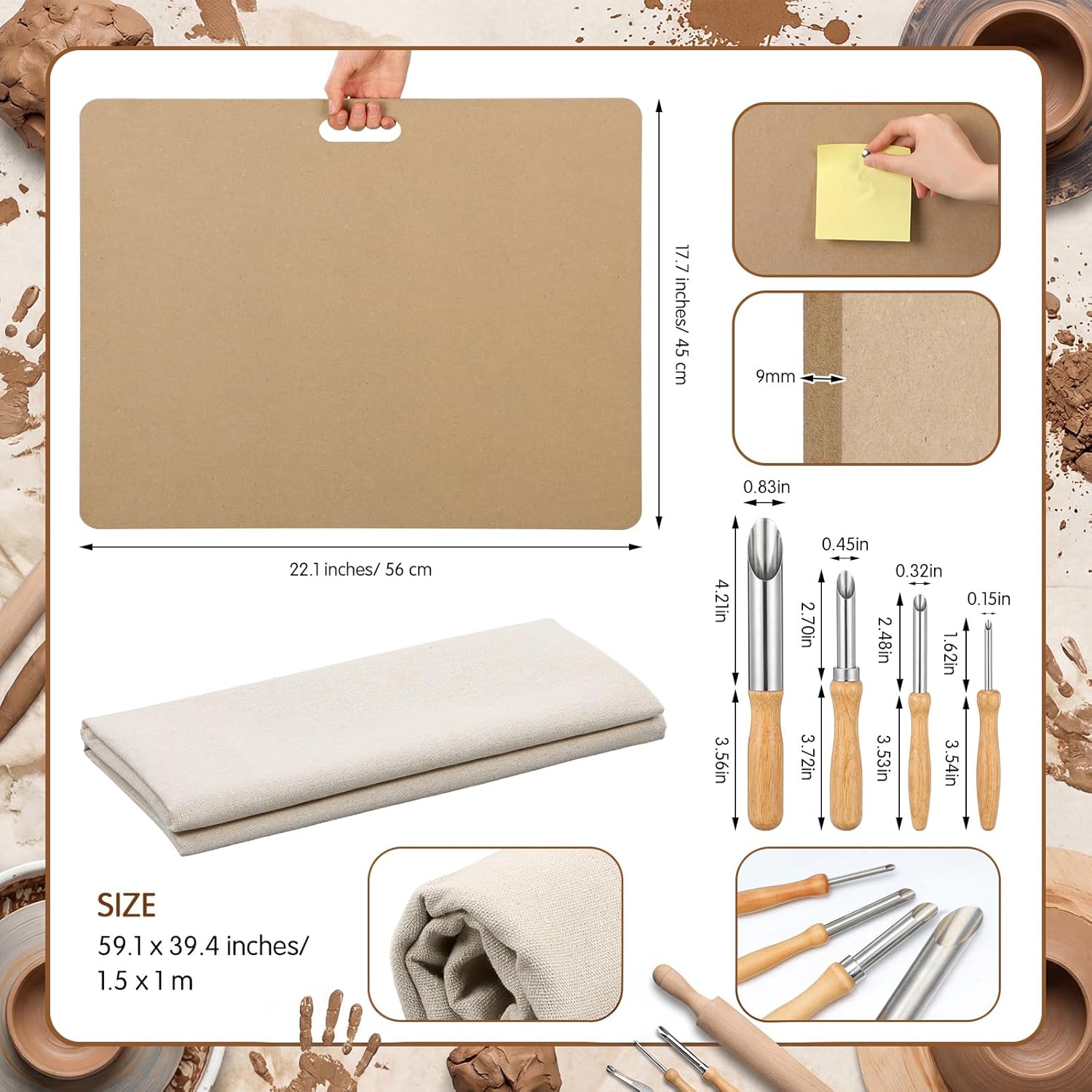 Gisafai 6 Pack Clay Craft Kit Including 1 Clay Wedging Board 1 Pottery Special Linen Hessian and 4 Stainless Steel Circular Clays Hole Cutters Pottery Tools and Supplies for Drilling and Sculpture