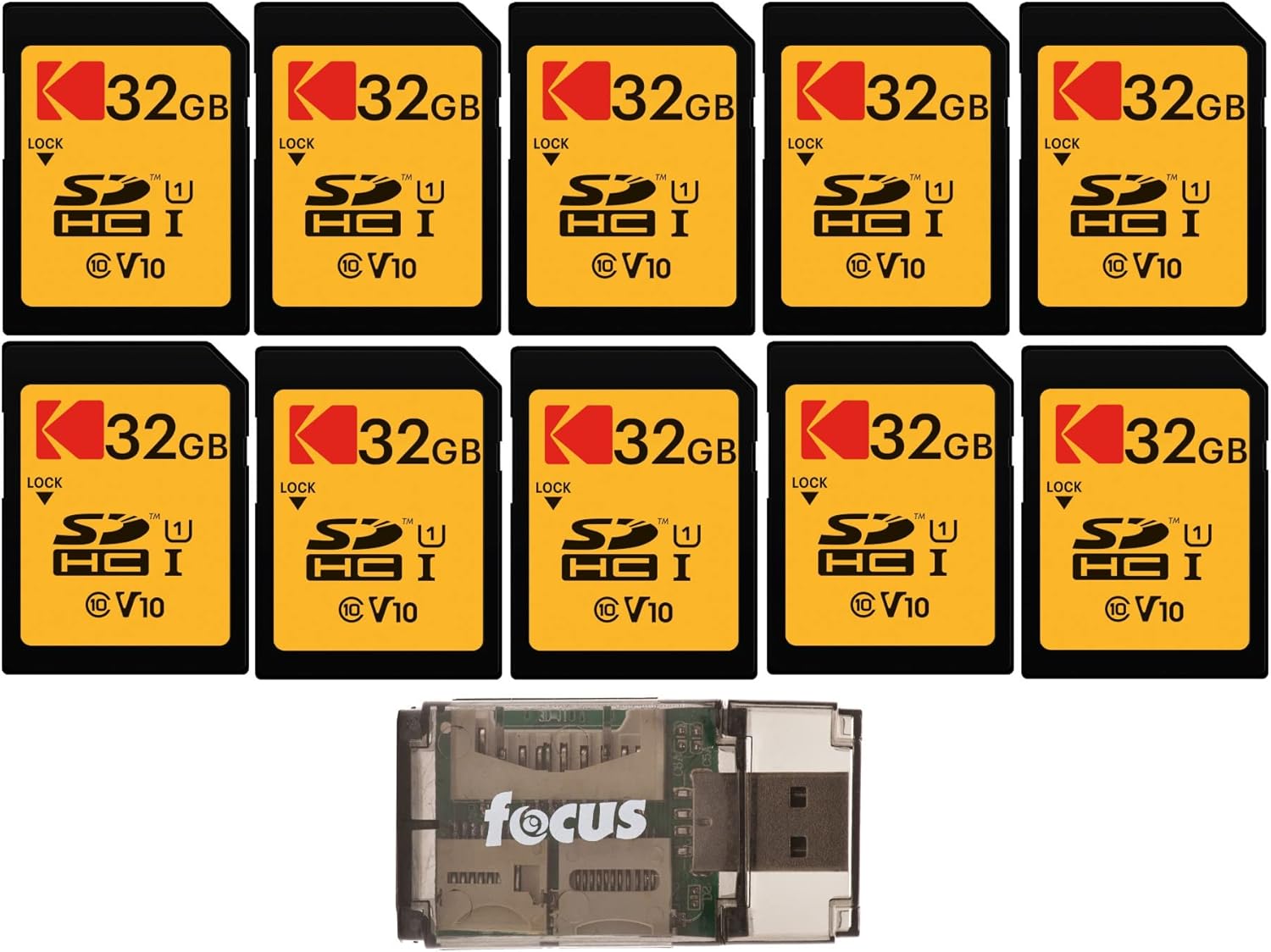 Kodak 32GB Class 10 UHS-I U1 SDHC Memory Card (10-Pack) Bundle with All-in-One High-Speed USB 2.0 Card Reader (11 Items)