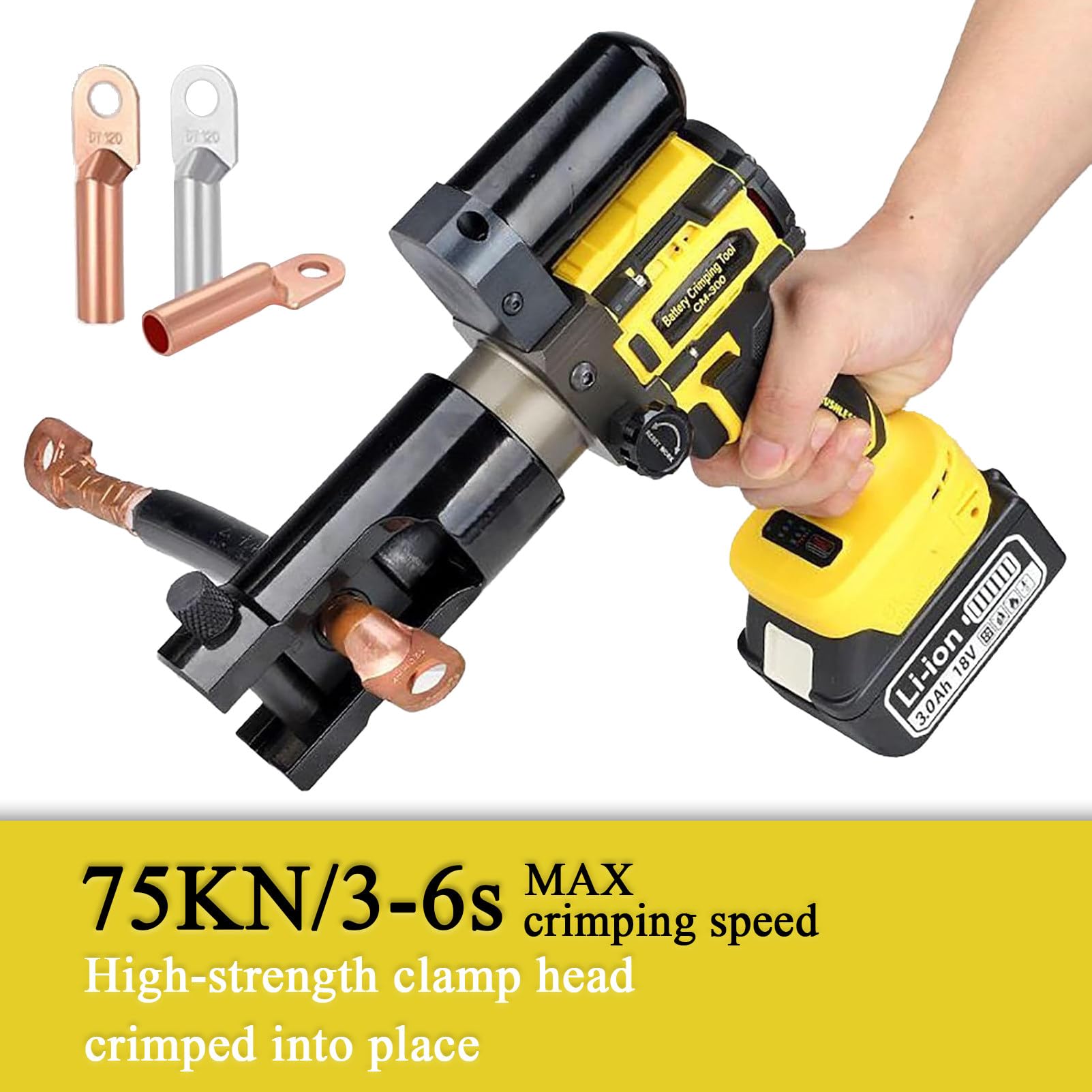 Crimpadora hidráulica a batería de 18 V, Herramienta para crimpar terminales, crimpadora de Cables de 16-300 mm², Abrazadera giratoria de 360°, con 11 Matrices y 2 baterías Yellow-75KN