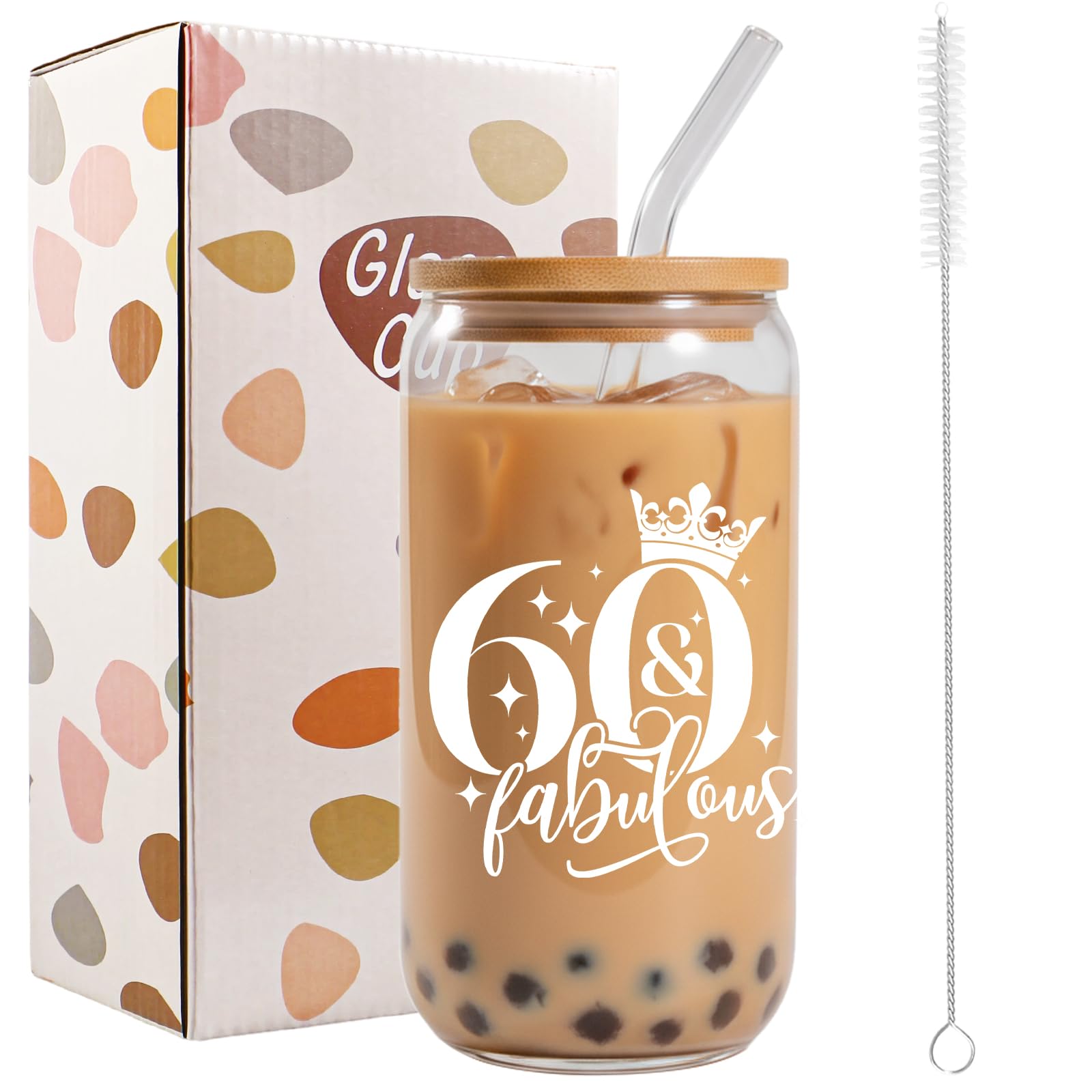 Bliceon 60th Birthday Gifts for Women, 60th Birthday Iced Coffee Cup, 16oz Glass Cup with Lids and Straws for Women, Best Friend, Wife, Mum — image 1