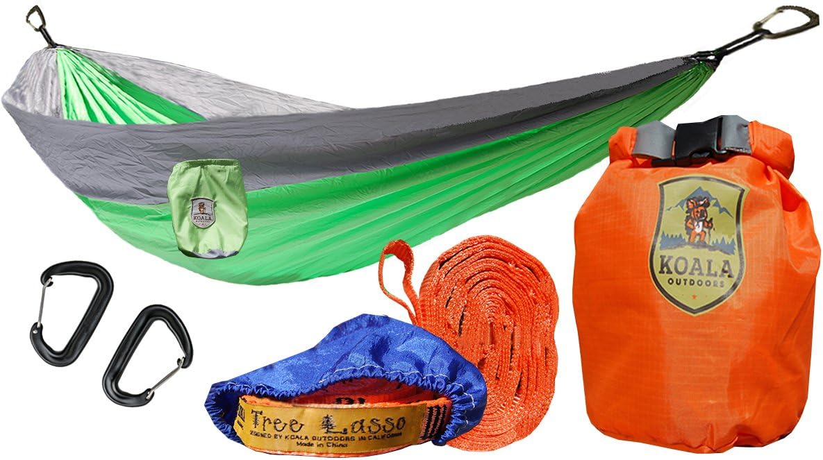 Koala Portable Camping Hammock Bed Bundle: 2 Person, 2-Hanging Straps, 2-Carabiners, Stuff Sack, Dry Bag Holds up to 400 Pounds