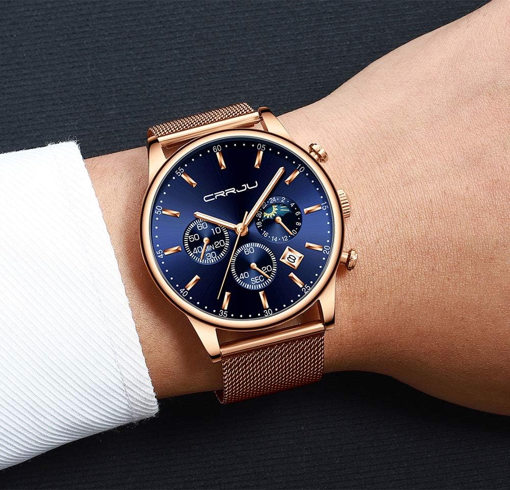 CRRJU Men's Fashion Casual Watches Auto Date Chronograph Watch Men Nice Work Watches Waterproof 30M Full Steel Quartz with Mesh Strap