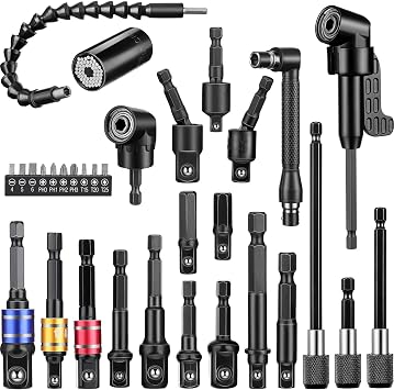 32 Pieces Flexible Drill Bit Extension Set Including 105 Right Angle Drill Attachment 1/4, 3/8, 1/2 Inch Hex Adapter Socket Bendable Magnetic Extender Universal Bit Extension Screwdrive