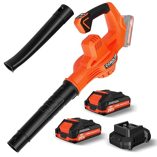 Leaf Blower Cordless with 2 * 20V Battery and Charger,2 Speed Levels, Electric Lightweight Leaf Blowers for Lawn Care, Yard, Sidewalk and Snow Blowing, Non-Slip Hand Blower