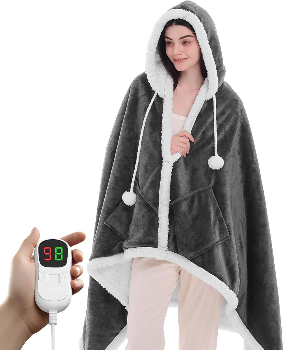 PLOATH Heated Electric Blanket Shawl: Heating Throw Heated Poncho - Wearable Blanket Hoodie Wrap Sherpa with 10 Heat Levels & Multi Heating Time Settings (40x70'' Dark Grey)
