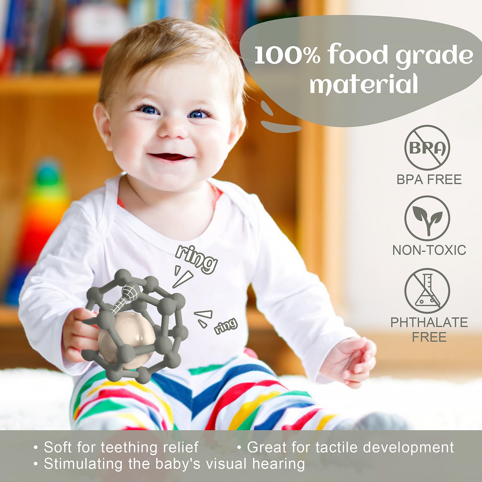 MCGMITT Sonajero Mordedor Bebe Silicona, Pelota Sensorial Bebe Agarre Luz y Suave Juguetes para 0 3 6 9 12 Meses Bebes sin BPA, 10cm, Regalos para Recién Nacidos (Gris grisáceo)