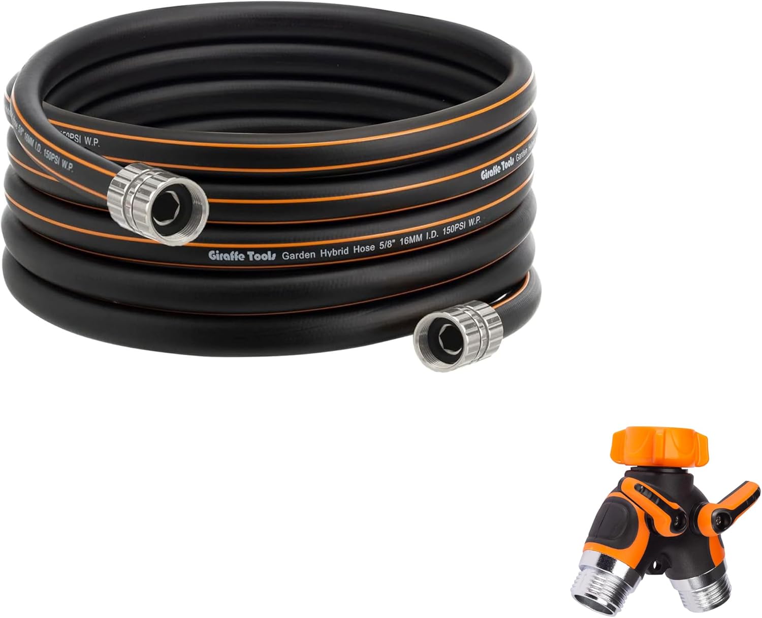 Giraffe Tools Garden Hose Splitter 2 Way Heavy Duty, 3/4" GHT Y Connector for Outdoor Faucet Spigot with Giraffe Tools Leader Hose 12ft x 5/8", Custom Length, Heavy Duty, No Kink, Flexible