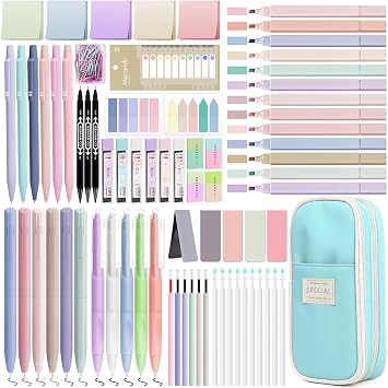 122 PCS Aesthetic Stationery Supplies with Pencil Case, 12 Pastel Highlighters, 11 Gel Pens, 6 Mechanical Pencils Set 0.5 & 0.7 mm and So on for Students Stationery College Essentials, Blue