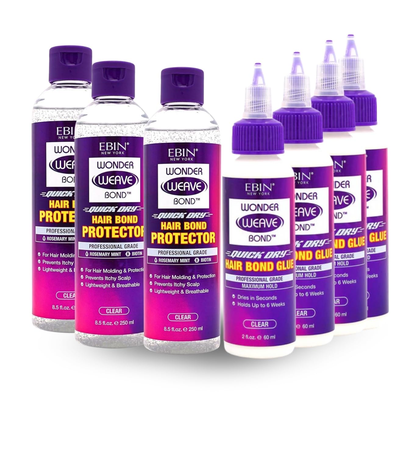 EBIN NEW YORK 3x Wonder Weave Bond Hair Protector (Clear) 8.5 oz Bundle with 2x Hair Bond Glue (Clear) 2 oz Protective Shield & Secure Hold – Seamless Application for Weaves – Gift Set (5 Items)