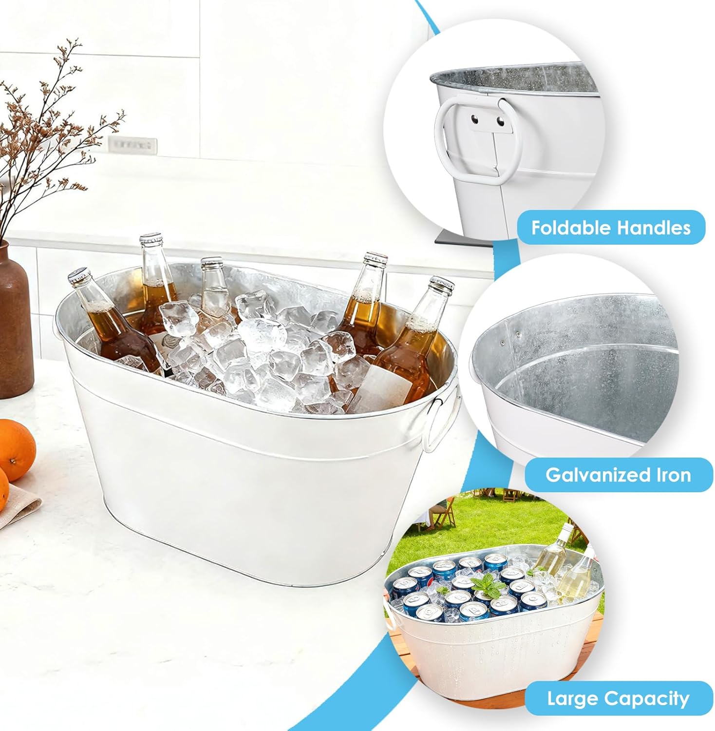 2PCS Galvanized Tub Ice Bucket for Parties, Thick Metal Galvanized Drink Buckets, Beverage Bucket with Handles, Drink Bucket for Indoor & Outdoor Party (White)