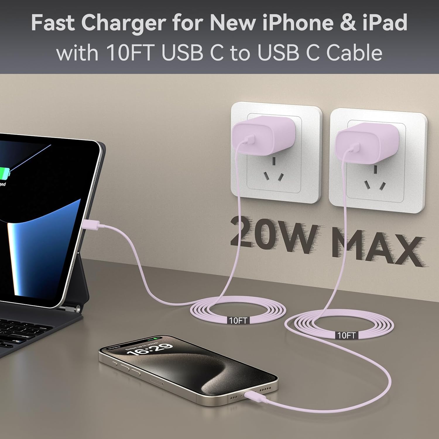 iPhone 17 16 15 Pro Max Charger Fast Charging, 10 FT iPhone 17 Charging Cable Long USB C 10FT Cord with 20W PD Fast iPhone 17 Pro Max Chargers Block for iPhone 17/17 Pro Max/17 Air/16/15 Series, iPad