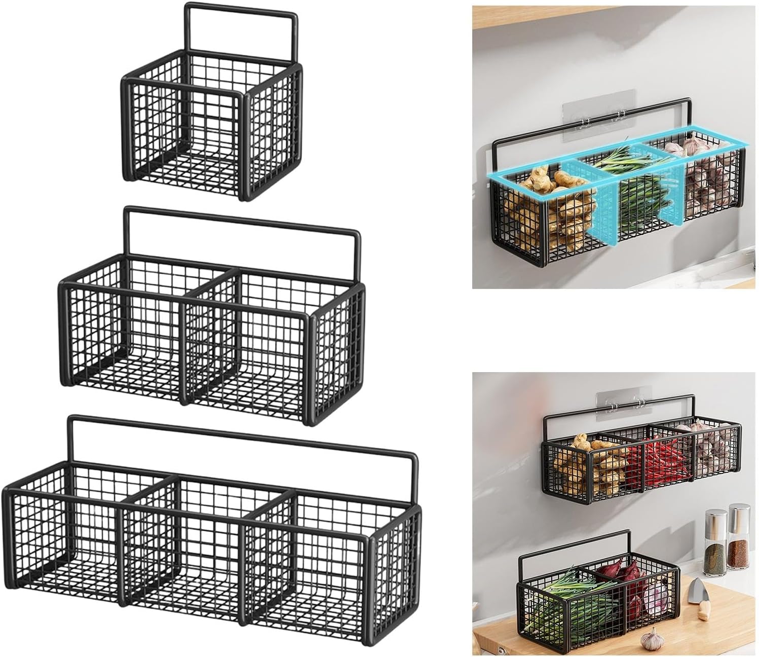 ドリル不要の壁掛けバスケットコンボアイアンワイヤーシェルフオーガナイザー3個。浴室、キッチン、パントリー収納用。
