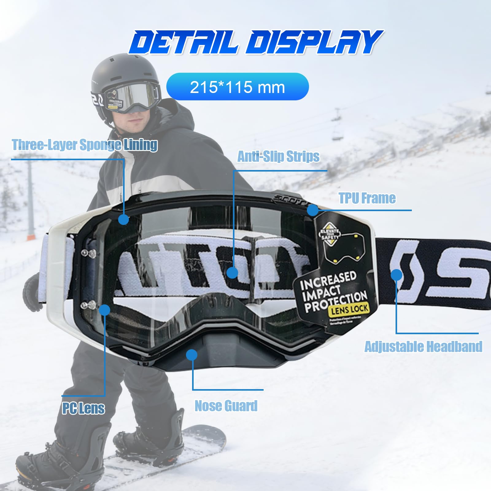 Occhiali Motocross,Maschera Motocross con Protezione per il Naso e Rivestimento in Spugna a Tre Strati,Occhiali Moto Anti-appannamento Protezione UV per Ciclismo,Sci,Arrampicata