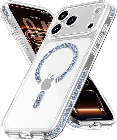 Magnetic for iPhone 17 Pro Case with Glitter Blue Strip | Built-in Camera Cover, Compatible with MagSafe, Military Grade Drop Protection, Shiny Bling Sparkly Bumper for Women Girl