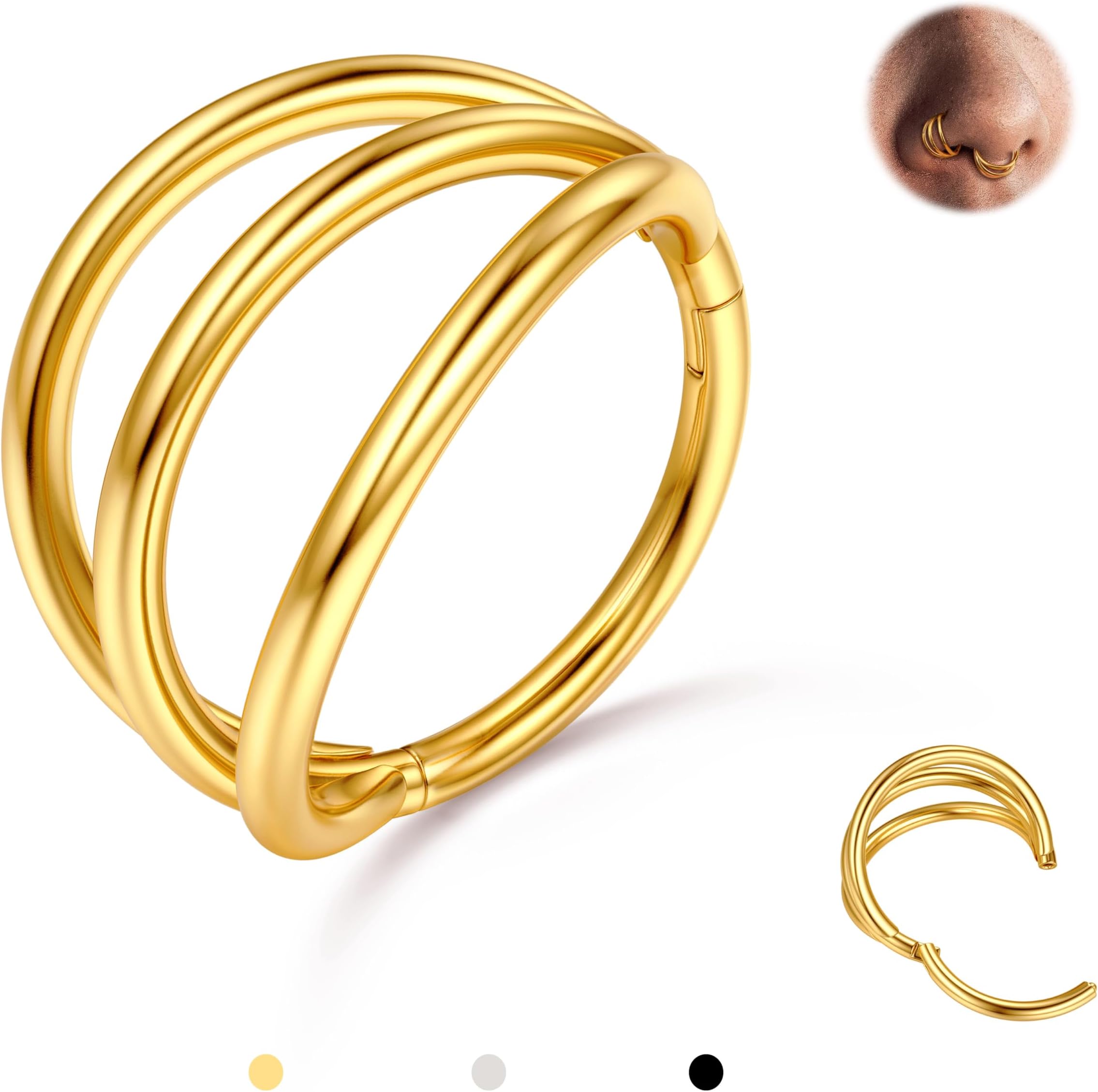BodyBonitaTriple/Double Hoop Nose Ring - 316L Stainless Steel Septum Clicker 16G/18G/20G CZ Conch Piercing Jewelry Septum Clicker Rings Cartilage Earring Helix Rook Tragus Gold/Black/Silver/Rose GoldCarbonfree Certified