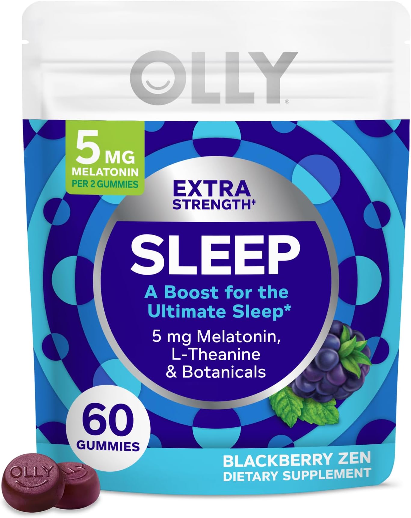 OLLY Extra Strength Sleep Gummy, Occasional Sleep Support Supplement*, 5 mg Melatonin, L-Theanine, Blackberry Zen Flavor, 30 Day Supply - 60 Count (Packaging May Vary)