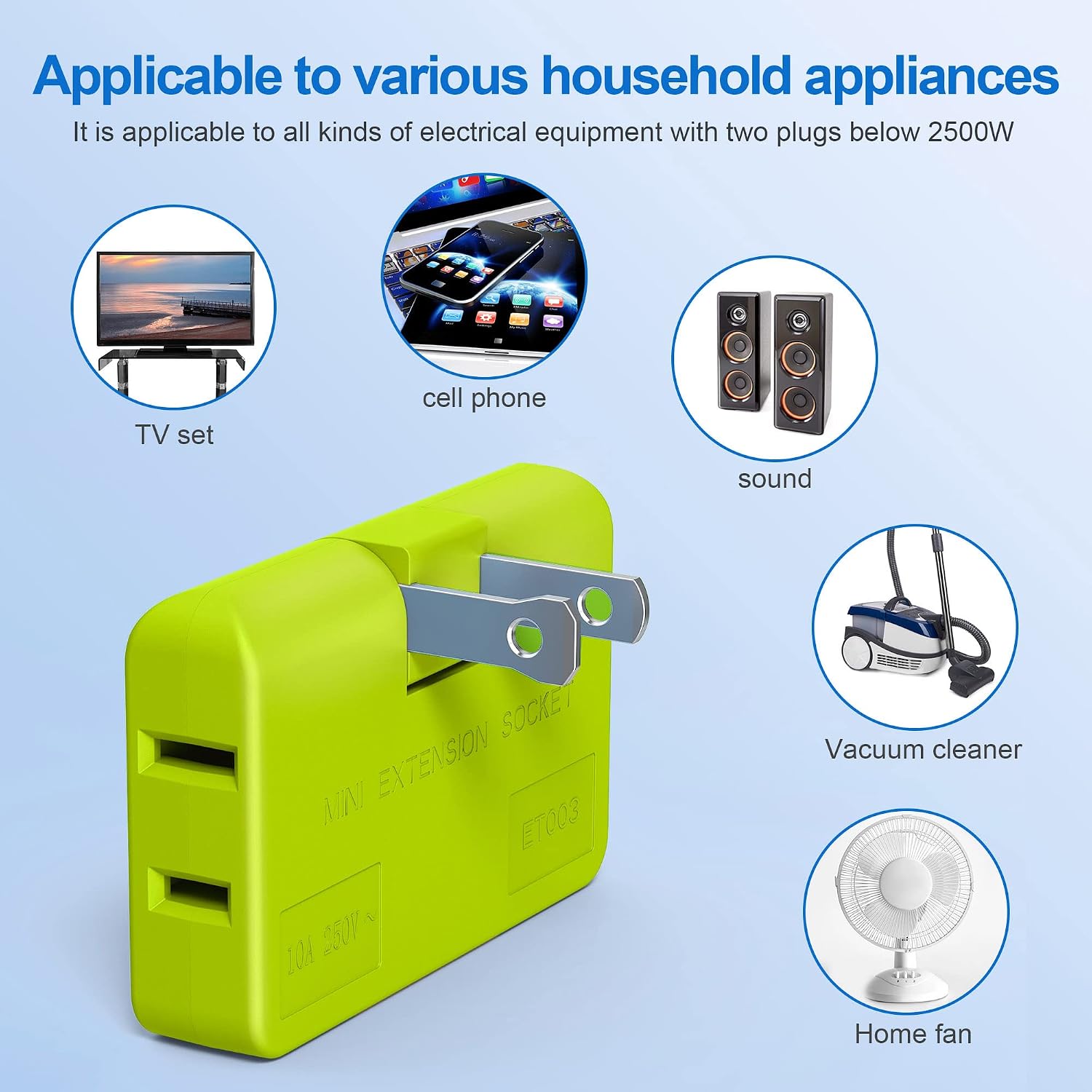 ETwinCoo 3 Way Flat Wall Plug Outlet Extender - 2 Prong Rotatable Socket Mini Plug Adapter(Quick & Space Saving) Perfect for Home, School, Office, Travel, Type A, Green (2 Pack) image 2