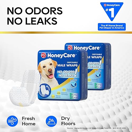 Miniatura 6 de HONEY CARE All-Absorb A25 - Envoltura para perro macho, 50 unidades, mediano, color blanco