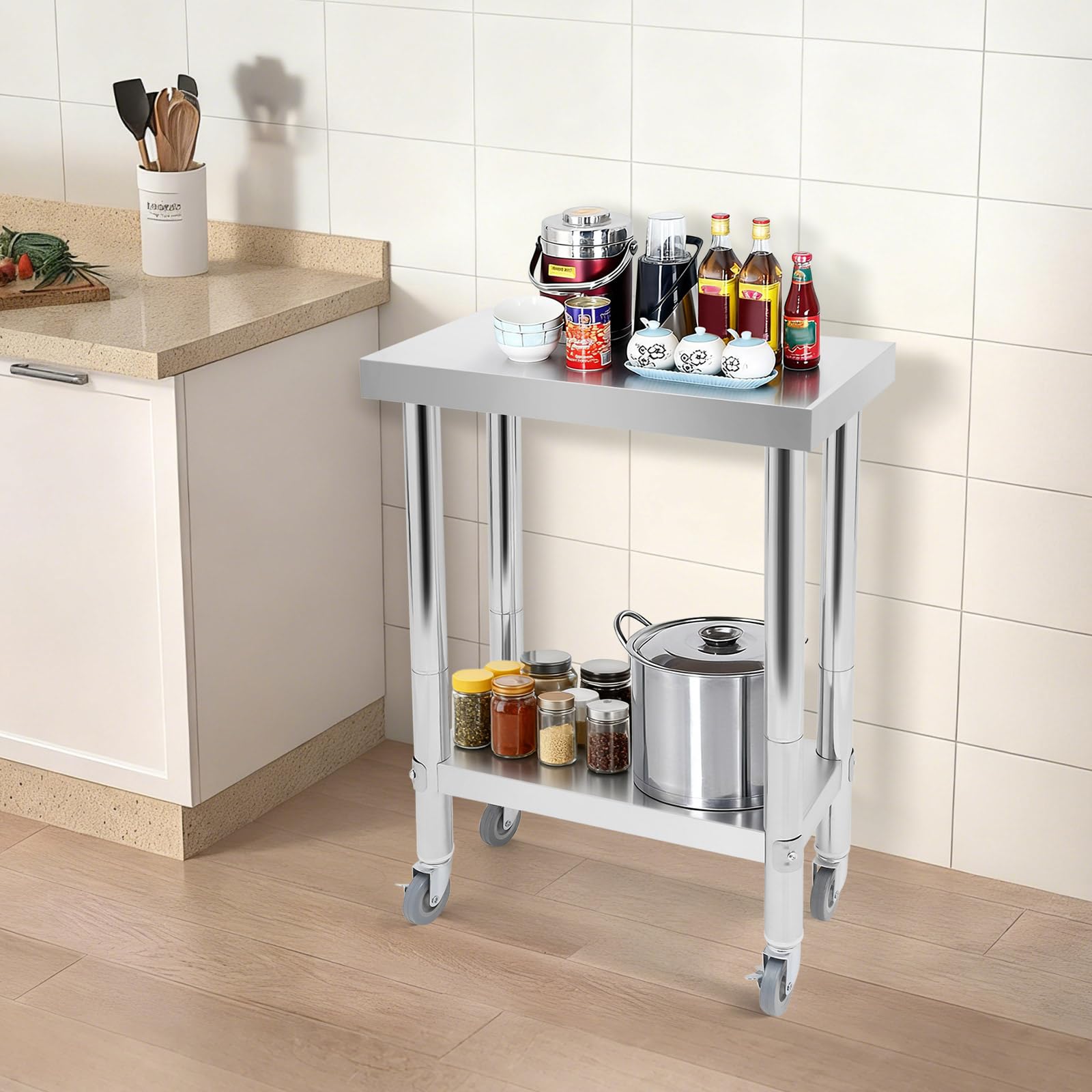Mesa de trabajo de acero inoxidable, 60 x 45 x 85 cm, con capacidad de carga de 300 kg, mesa de preparación de alimentos profesional con 4 ruedas, mesa de cocina para preparar alimentos, lavar