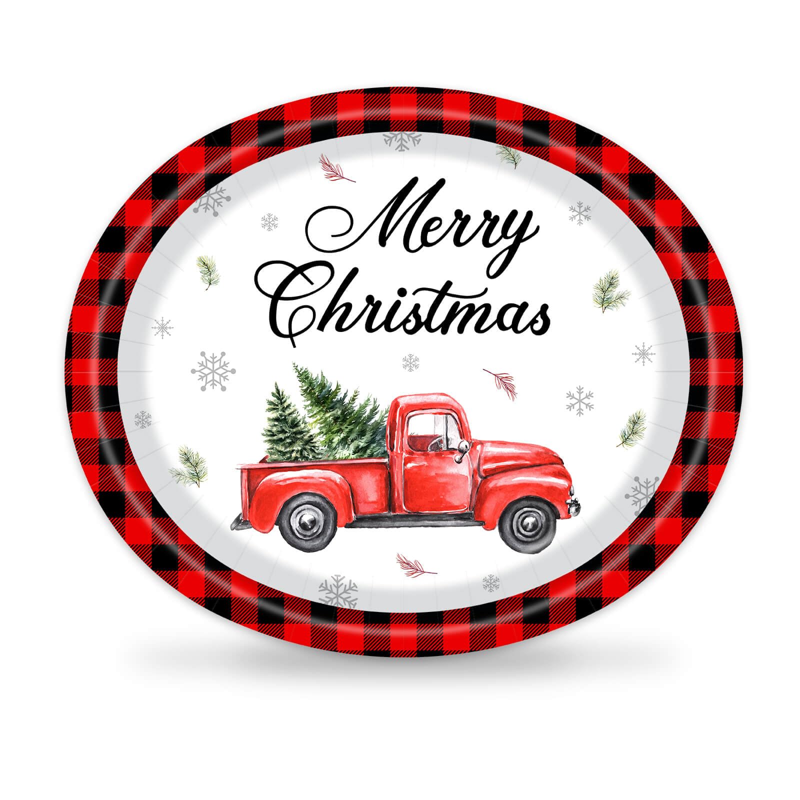 50 Pcs Christmas Oval Plates 10" x 12" Large Disposable 400 GSM Red Truck Trees Xmas Paper Plates for Winter Holiday Party Dinnerware Supplies Kitchen Table Decor