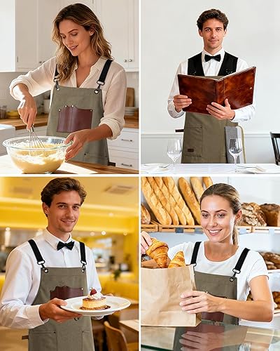 Miniatura 8 de Delantales de chef para hombres profesionales, 3 bolsillos espaciosos, delantal de barbacoa para hombres y mujeres, espalda cruzada ajustable