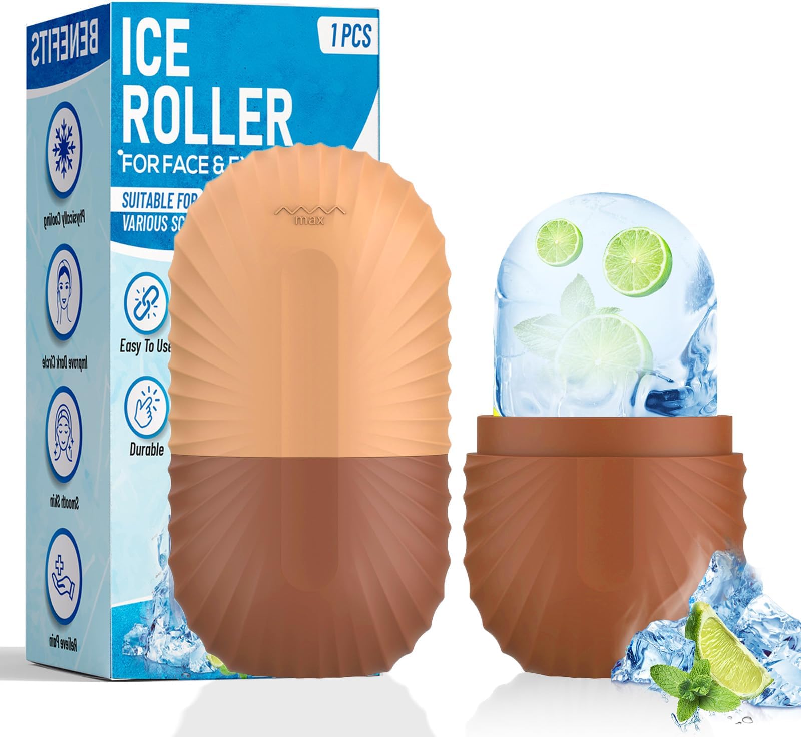 Ice Roller for Face and Eye, Silicone Ice Facial Roller Ice Holder, Face Ice Mold Skin Care, Face Icers Reusable Ice Cube Roller for Shrink Pores Anti Wrinkle Reduce Puffiness, Brown