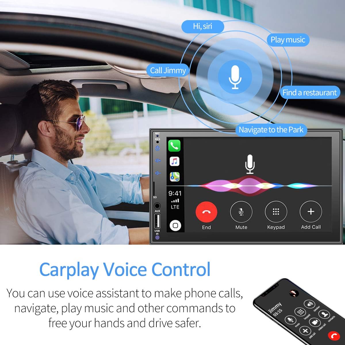 Car Stereo Compatible with Apple Carplay and Android Auto - Double Din Car Multimedia Player, 7 Inch LCD Touchscreen Monitor, Bluetooth, MP3 Player, USB Port, A/V Input, FM Car Radio, Backup Camera