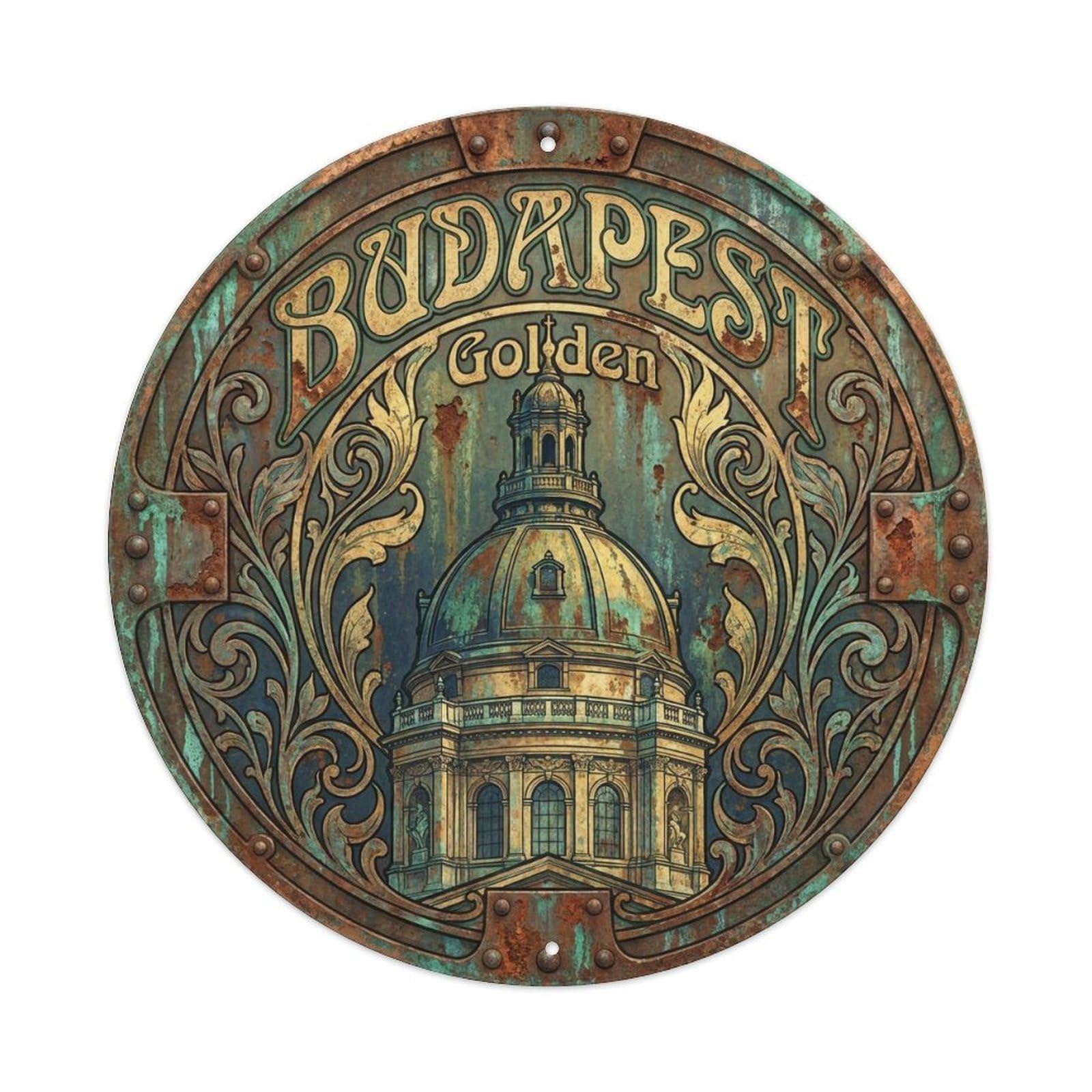 Vintage Travel Budapest Hungary Golden Metal Tin Sign