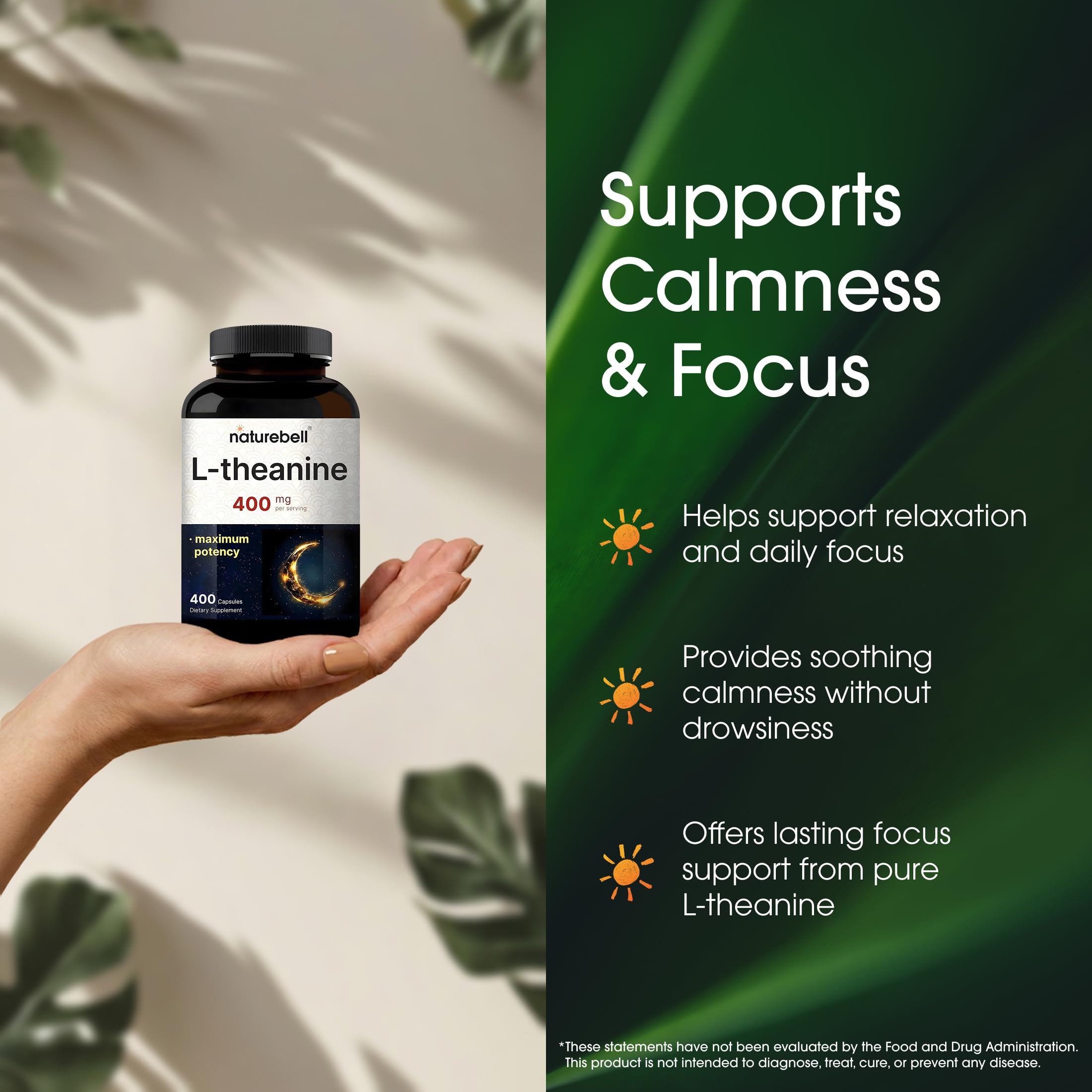 NatureBell L-Theanine Supplement - 400 Capsules - 400mg Max Potency Amino Acid Support - for Relaxation, Calm, and Focus - Non-Drowsy Free-Form Formula* — Amazon image 4