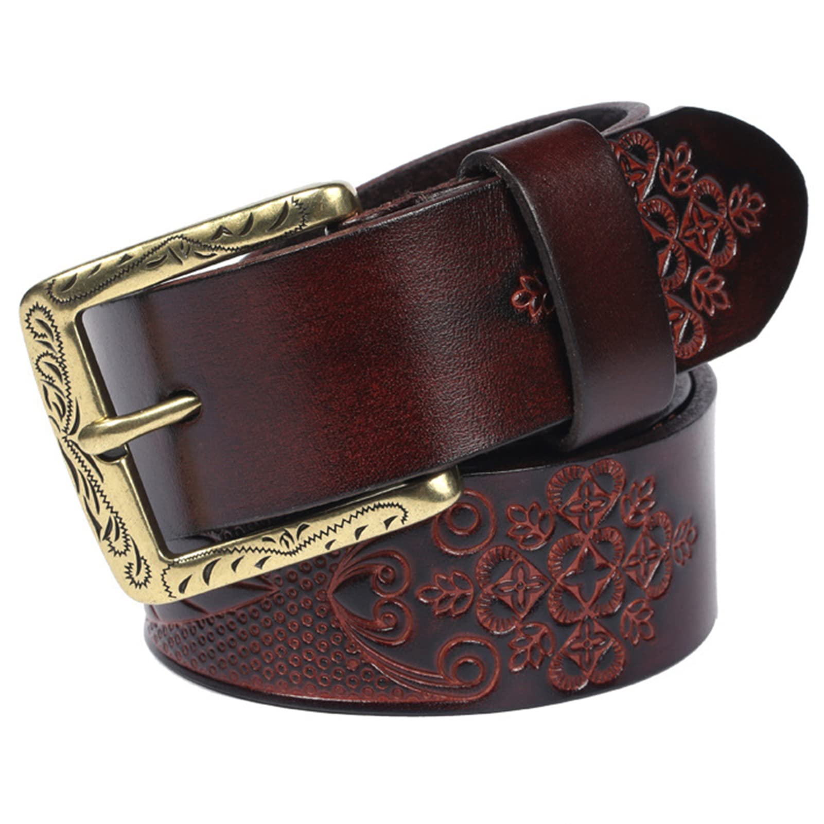 Gürtel Für Herren Und Damen Prägung Rindslede Ledergürtel Im Western Blume Style Vintage Jeansgürtel Mit Golden Schnalle, Versch Größen(105cm/waist:35", Coffee)