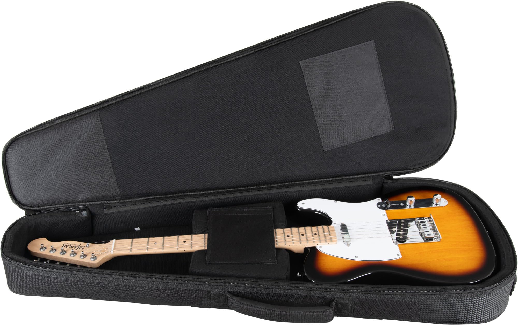 Shaman EGBT-1122BK E-Gitarre Tasche - Dick gepolsterter Gigbag für E-Gitarren - Verstellbare Halsstütze mit Klettsicherung - Gepolsterte Außentasche - Extra Tablet-Fach - Versenkbare Rucksackgarnitur