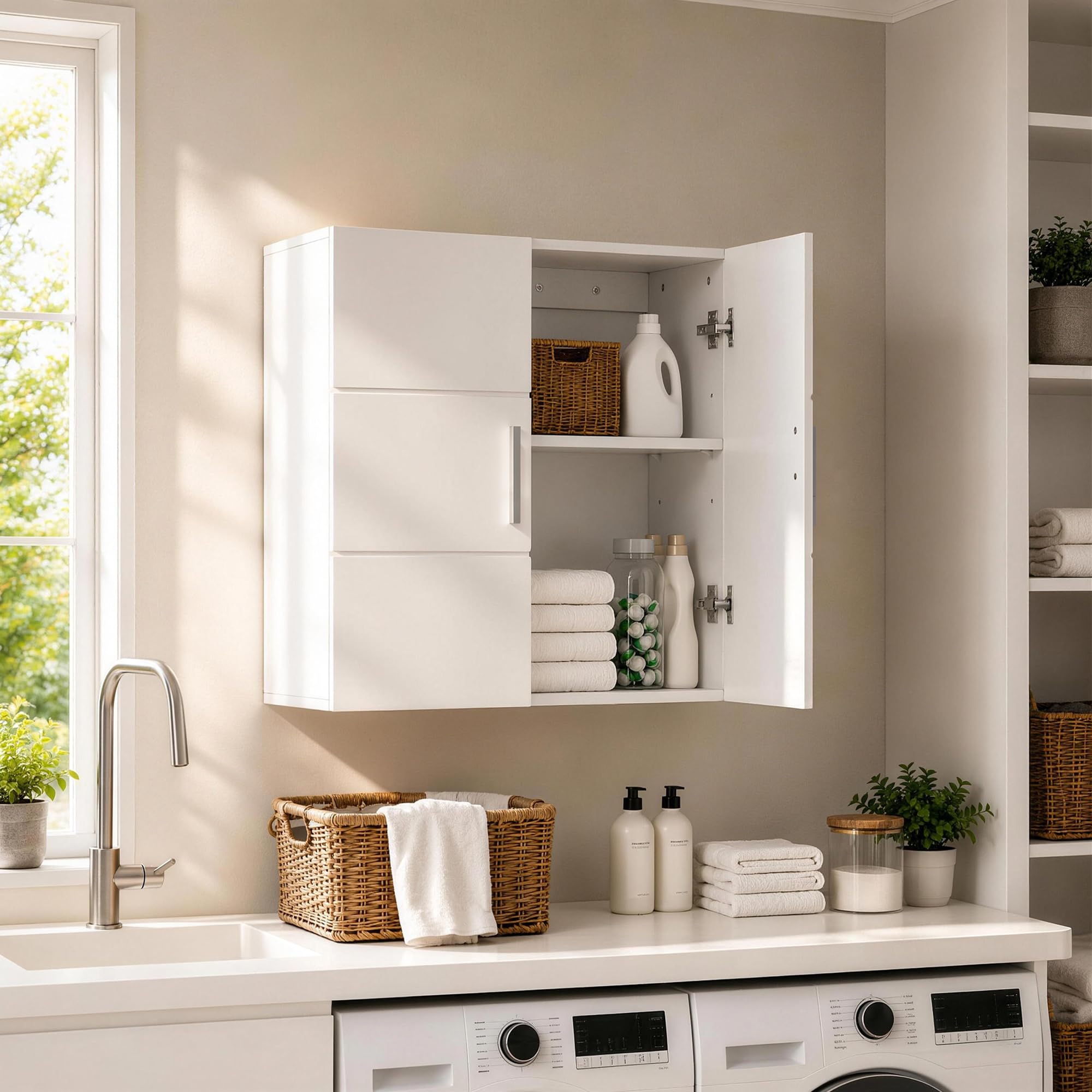 APICIZON Pensile Bagno 2 Ante, 60 × 31 × 60 cm, Bianco | Mobile bagno sospeso con ripiano interno regolabile, armadietto da parete per bagno, cucina, lavanderia o WC