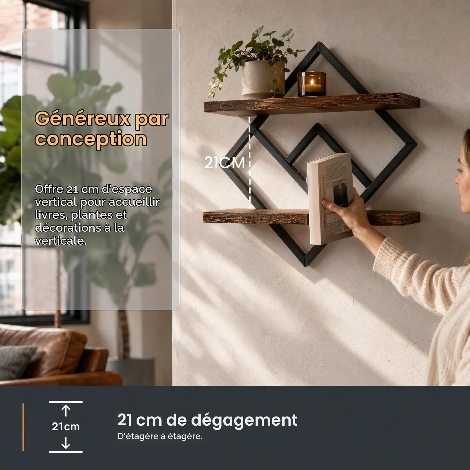 Étagère Murale Flottante, Rangement Suspendu 2 Niveaux, Lot de 2