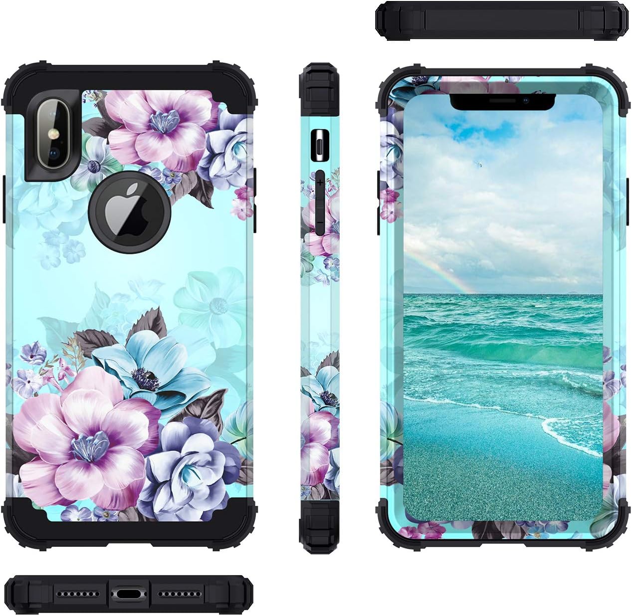 Casetego Compatible with iPhone Xs Max Case,Floral Three Layer Heavy Duty Hybrid Sturdy Shockproof Protective Cover Case for Apple iPhone Xs Max 6.5 inch,Blue Flower