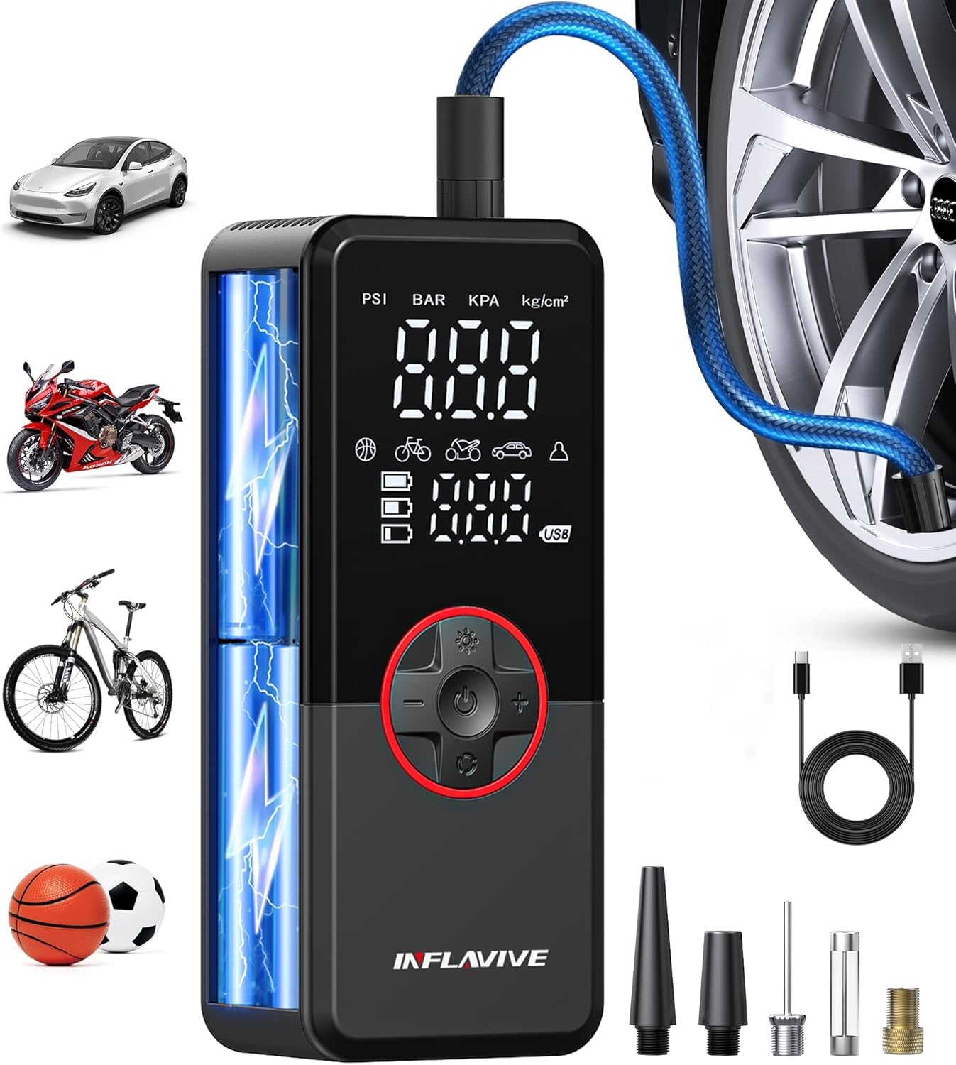 Compressore d'aria portatile per pneumatici, pompa elettrica senza fili, 150 psi, gonfiaggio rapido con luce LED, manometro e modalità di sgonfiaggio, pompa ad aria portatile per auto, bici