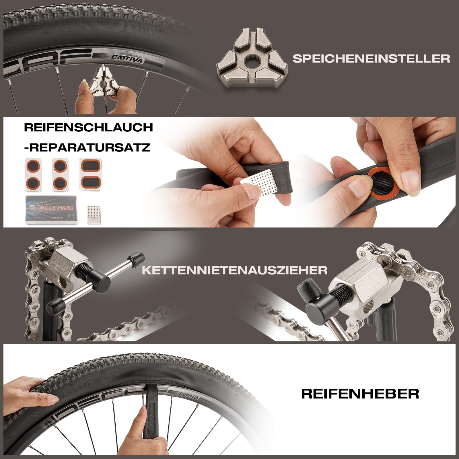 BIKE HAND walizka na narzędzia rowerowe, kompletny zestaw narzędzi rowerowych, profesjonalny zestaw naprawczy z 18 częściami z walizką transportową, czarno-czerwony zestaw narzędzi do roweru