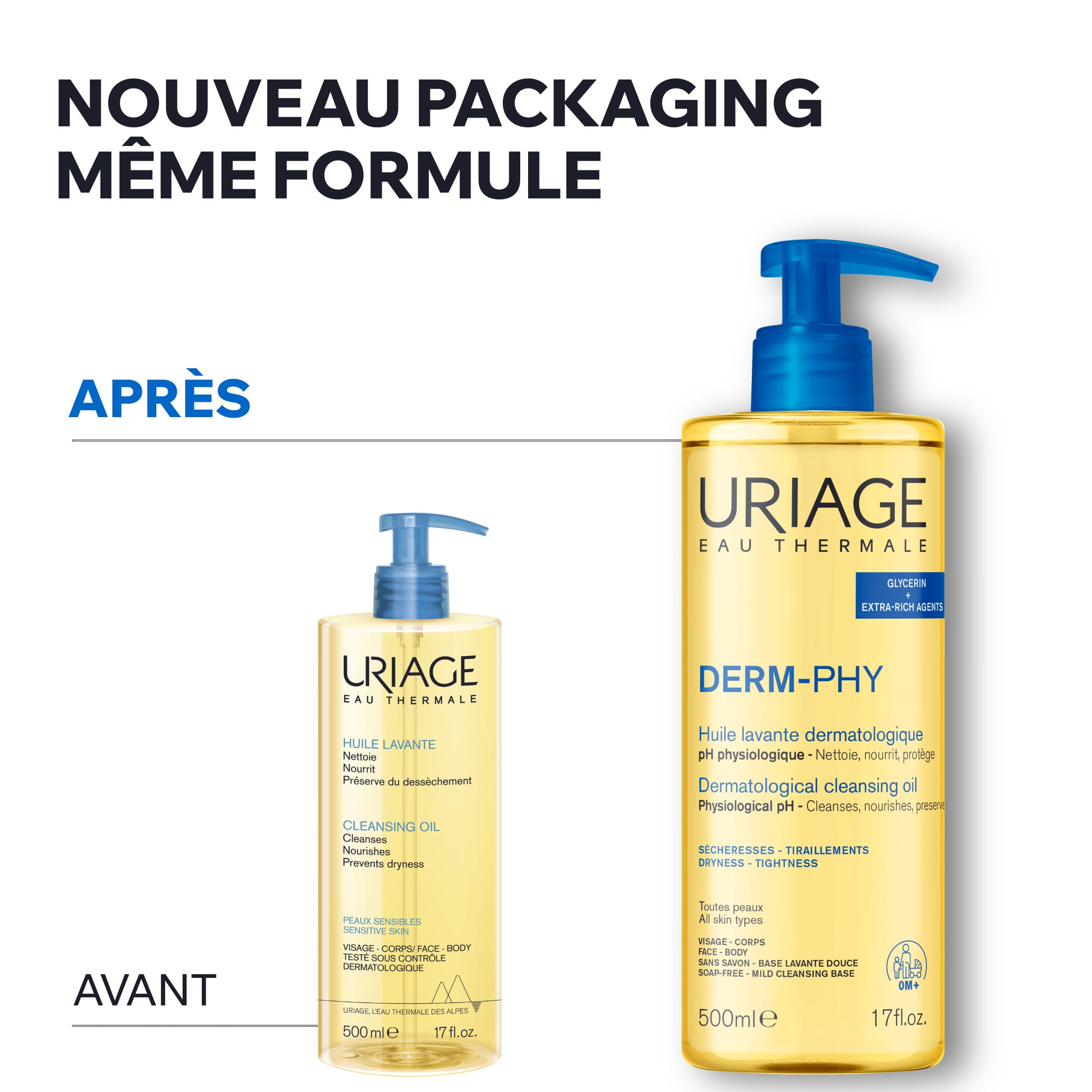 Uriage Derm-Phy Huile de Douche 1L - Nettoyant Visage, Corps - Peaux Sèches, Sensibles - Nettoie, Nourrit, Prévient le Dessèchement - 25% Glycérine, Agents Extra-Riches - pH Physiologique - Sans Savon