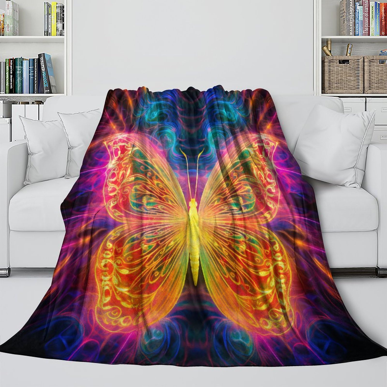 Retro Farfalla neon Coperta in Flanella Con Stampa 3D Peluche Coperte Caldo Morbida Per Ragazzi Adulti Coperta Termica ，per Divano Letto Tutte Le Stagioni 70x80inch(180x200cm)