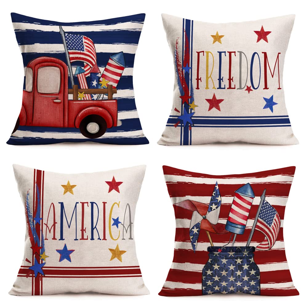 Easternproject 4th of July American Flag Pillow Covers 24x24 Inch Set of 4 Navy Red The Stars and Stripes Truck Fireworks Independence Day Freedom Patriotic Home Outdoor Decor Throw Pillow Cases