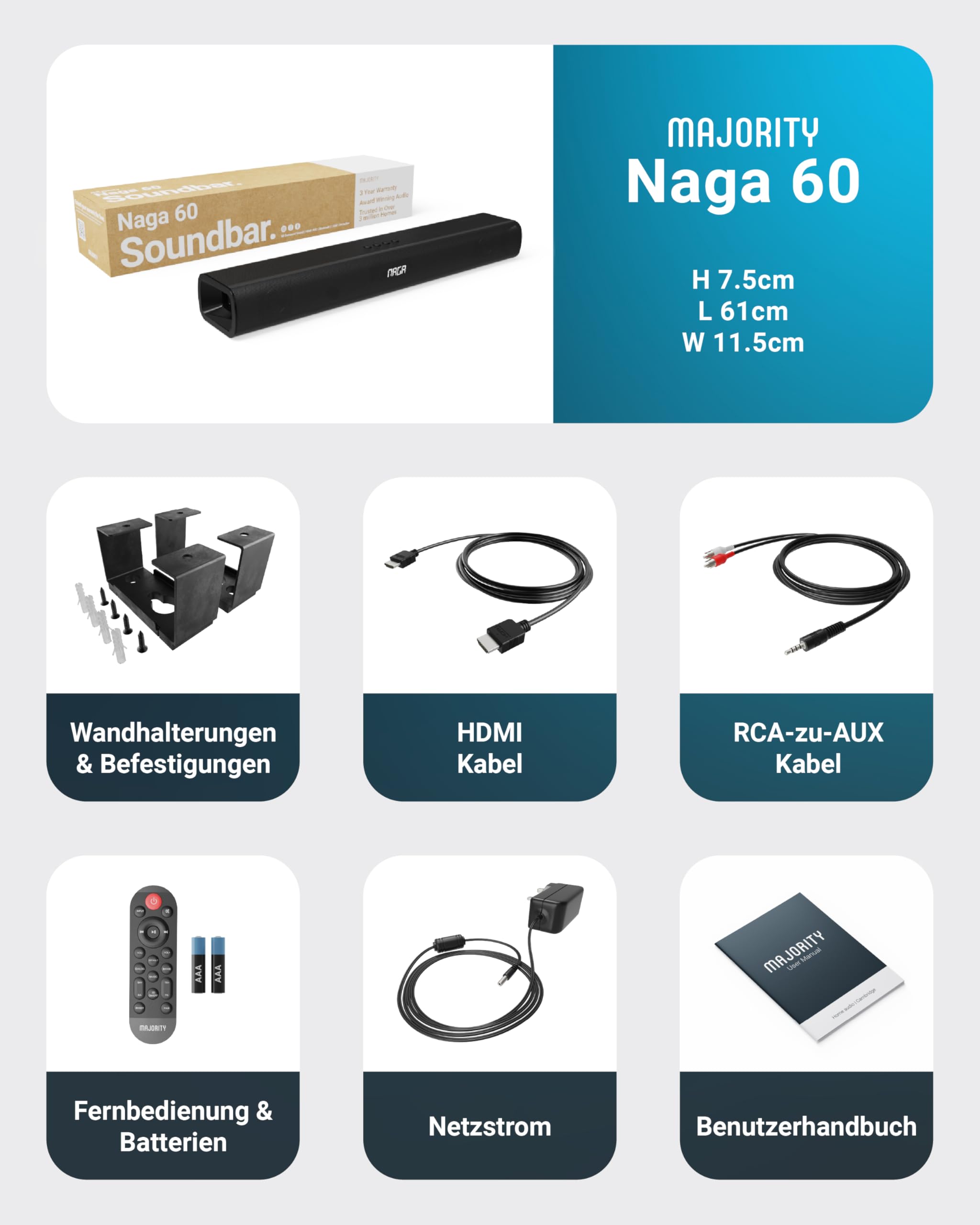 MAJORITY Naga 60 Soundbar für TV Geräte | TV Soundbar mit Integriertem Subwoofer | Bluetooth Sound Bar HDMI ARC | 120W Lautsprecher für Fernseher | 2.1 Soundsystem mit EQ | Wandmontierbar Sound Bar