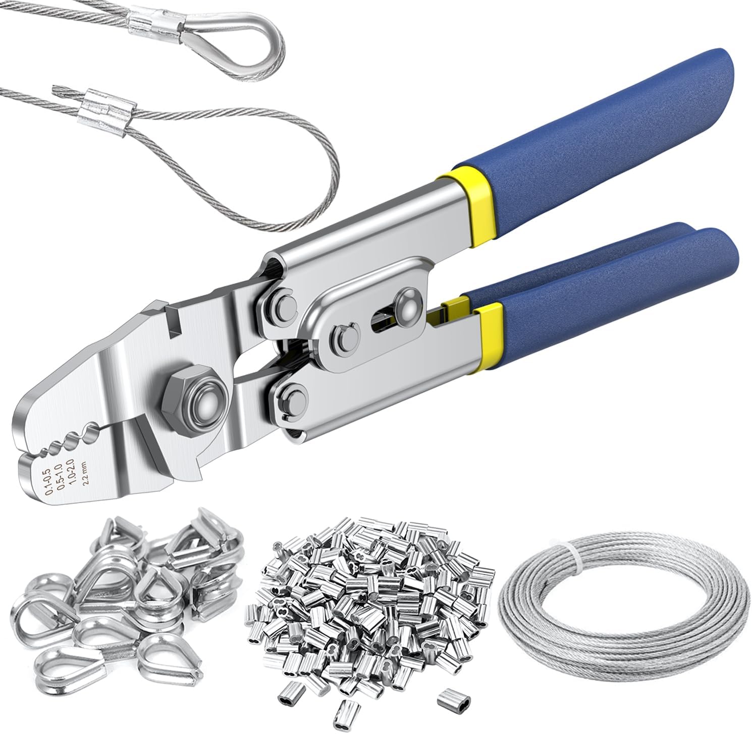 66ft Wire Rope Crimping Tool Kit, Fishing Crimping Tool With 304 Stainless Steel Cable 7x7 Strand Core(1.5mm), 200Pcs 1/16''Aluminum Crimp Loop Sleeves And 20Pcs Wire Rope Stainless Steel Thimble Cable Crimper, 66ft Stainless Steel Cable, 200pcs 1/16''cri